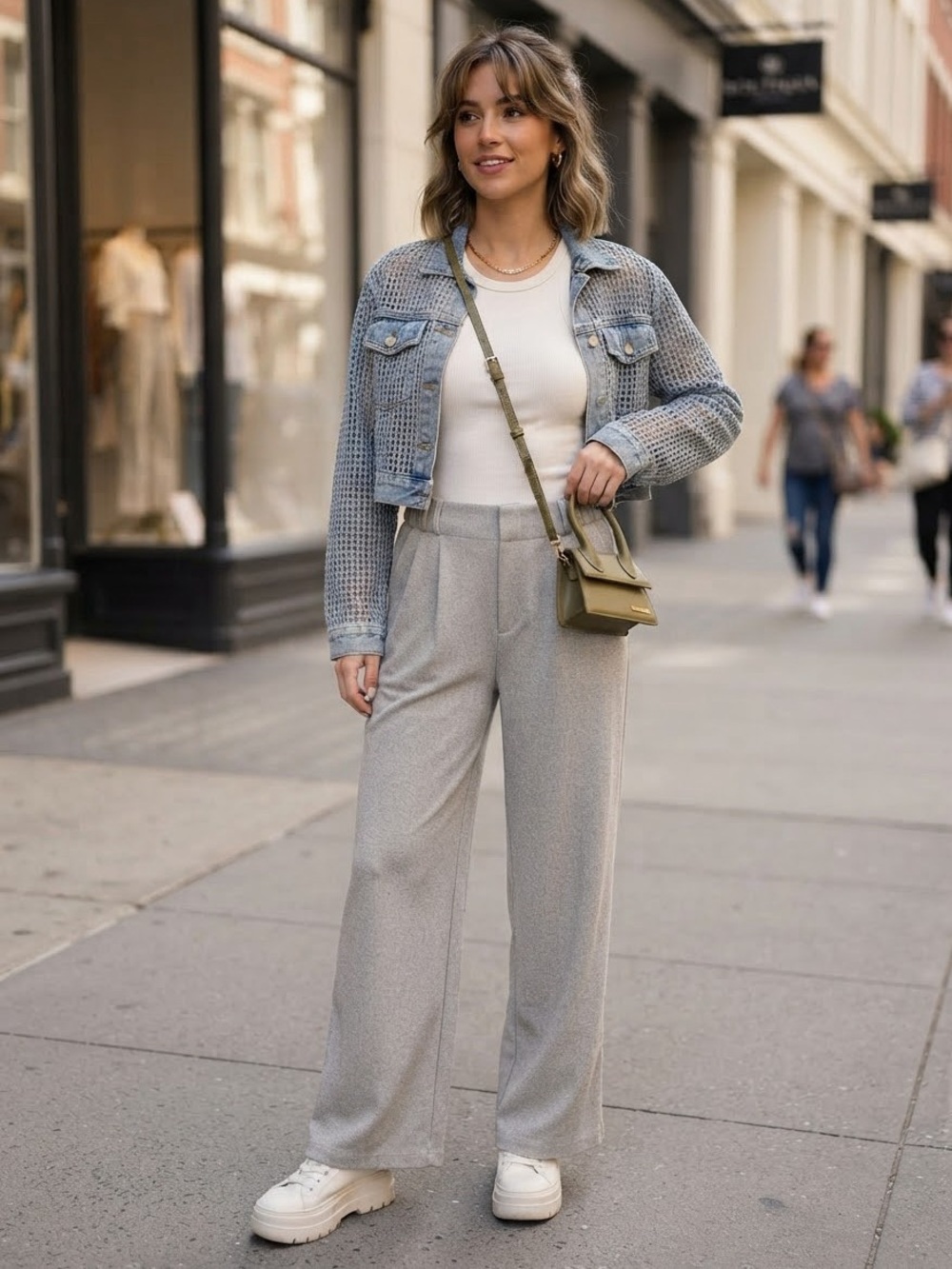 Cabincore Casual Relaxed Streetwear Wide-Leg High-Rise Pants in Light Grey